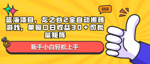 蓝海项目，龙之谷2全自动搬砖游戏，单窗口日收益30＋可批量矩阵-轻创网