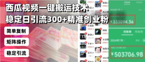 西瓜视频一键搬运技术,稳定日引流300+精准创业粉,简单可复制给团队,...-轻创网