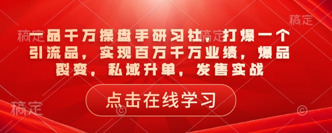 一品千万操盘手研习社，打爆一个引流品，实现百万千万业绩，爆品裂变，私域升单，发售实战-轻创网