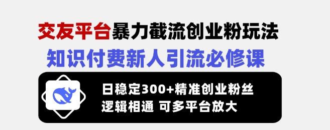 交友平台暴力截流创业粉玩法，知识付费新人引流必修课，日稳定300+精准创业粉丝，逻辑相通可多平台放大-轻创网