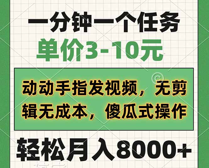 一分钟一个任务，单价3-10元，动动手指发视频，无剪辑无成本，傻瓜式操…-轻创网