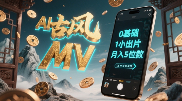 AI一键生成古风音乐MV，0剪辑基础1小时出片，多种变现渠道，一部手机月入5位数-轻创网