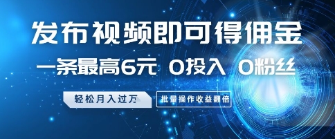 发布视频即可得佣金，一条最高6元，0投入 0粉丝  会发视频就行，月入过W，批量操作收益翻倍【揭秘】-轻创网