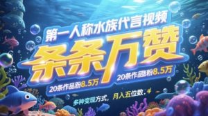 第一人称水族代言视频，条条万赞，20条作品涨粉7.8W，多种变现方式月入五位数-轻创网