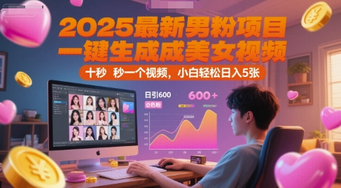 2025最新男粉项目，一键生成美女视频，日引600+色粉 十秒一个视频，小白轻松日入5张【揭秘】-轻创网