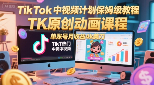 TikTok中视频计划保姆级教程，TK原创动画课程，单账号月收益4k美刀-轻创网
