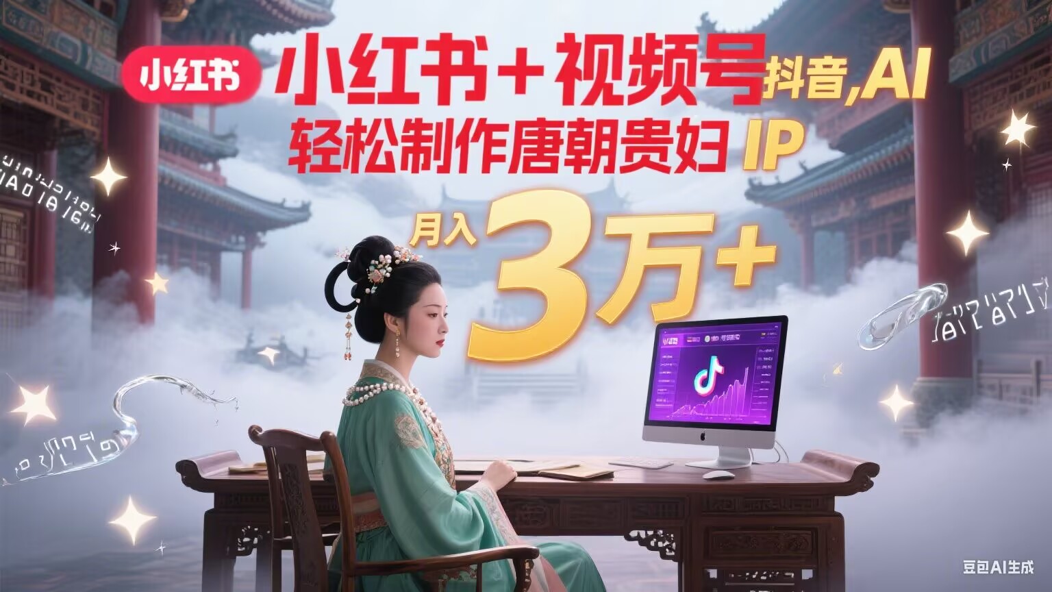 小红书+视频号+抖音，AI轻松制作唐朝贵妇IP，毒鸡汤、励志、减肥瘦身、养生赛道轻松切入，每天30分钟，轻松产出N条，月入3万+-轻创网