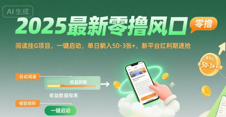 2025最新零撸风口，阅读挂G项目，一键启动，单日躺入 50-3张+，新平台红利期速抢【揭秘】-轻创网