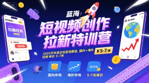 短视频创作拉新特训营，2025开年真正的蓝海赛道，国内+海外，拉新单价5-7米-轻创网