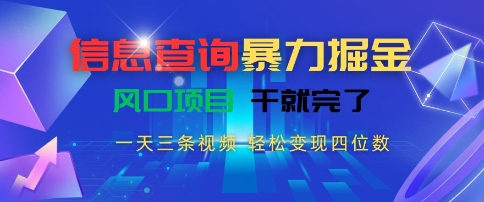 信息查询暴力掘金，一天三条视频，轻松变现四位数，风口项目干就完了【揭秘】-轻创网