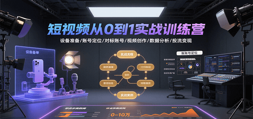 短视频从0到1实战训练营：设备准备/账号定位/对标账号/视频创作/数据分析/投流变现-轻创网
