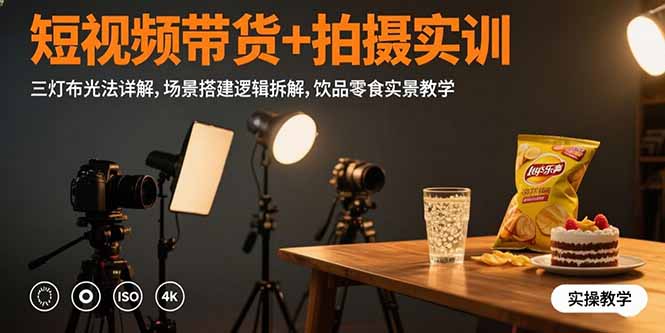 短视频带货+拍摄实训：三灯布光法详解,场景搭建逻辑拆解,饮品零食实景教学-轻创网