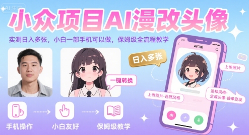小众项目AI漫改头像，实测日入多张，小白一部手机可以做，保姆级全流程教学-轻创网