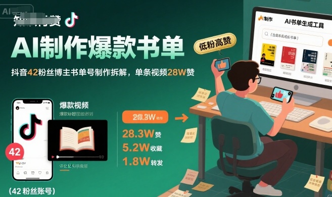 AI制作爆款书单，抖音42粉丝博主书单号制作拆解，单条视频28W赞-轻创网