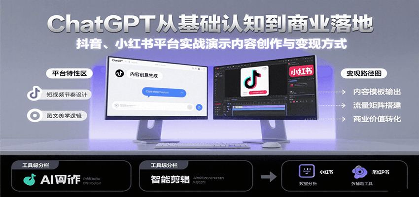 ChatGPT从基础认知到商业落地，实战演示抖音、小红书等平台的内容创作与变现-轻创网