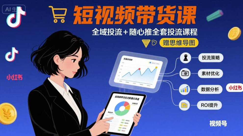最新短视频带货课，全域投流+随心推全套投流课程+思维导图-轻创网