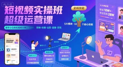 短视频实操班超级运营课，新手小白到短视频大神必修课程，剪辑-拍摄-运营-直播-变现-轻创网