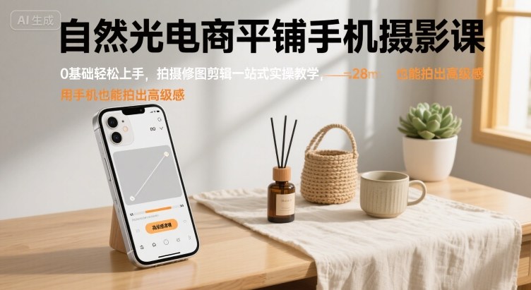 自然光电商平铺手机摄影课，0基础轻松上手，拍摄修图剪辑一站式实操教学，用手机也能拍出高级感-轻创网