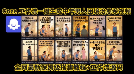 coze工作流一键生成”中年男人困境扎心高涨粉高播放量图文视频”保姆级拆解教程，无需剪辑，无需拍摄写文案-轻创网