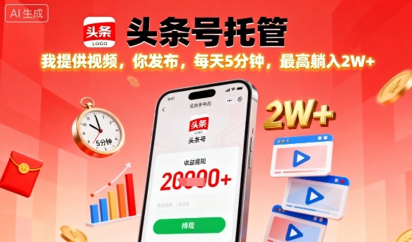 【头条号托管】我提供视频，你发布，每天5分钟，最高躺入2W+【揭秘】-轻创网