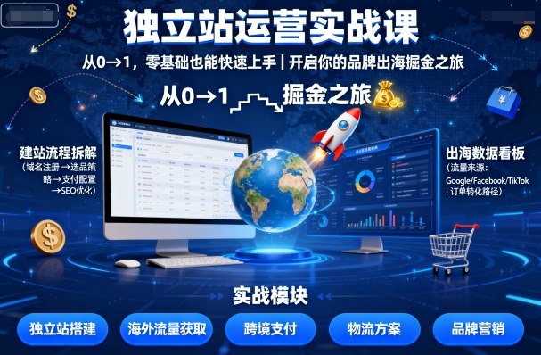 独立站运营实战课，​从0到1，零基础也能快速上手，开启你的品牌出海掘金之旅-轻创网
