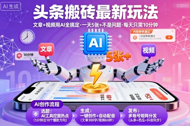 头条搬砖最新玩法，文章+视频用AI全搞定，一天5张+不是问题，每天只需10分钟-轻创网