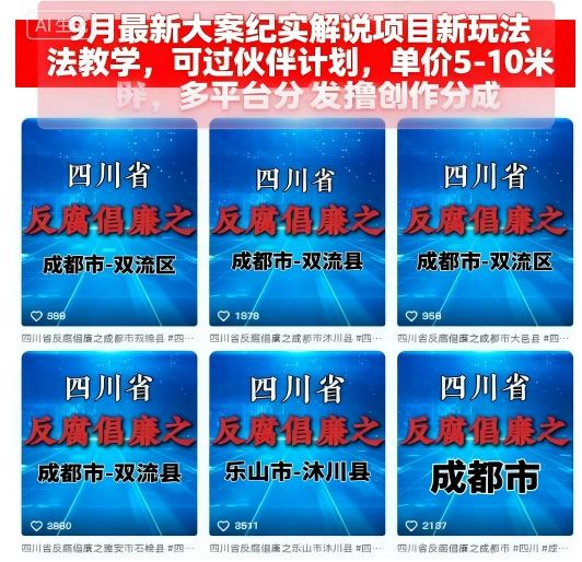 9月最新大案纪实解说项目新玩法教学，可过伙伴计划，单价5-10米，多平台分发撸创作分成-轻创网
