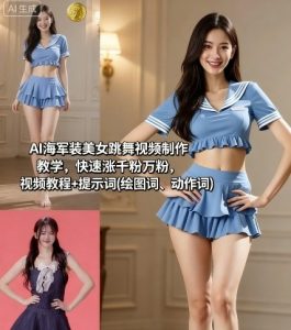 AI海军装美女跳舞视频制作教学，快速涨千粉万粉，视频教程+提示词(绘图词、动作词)-轻创网