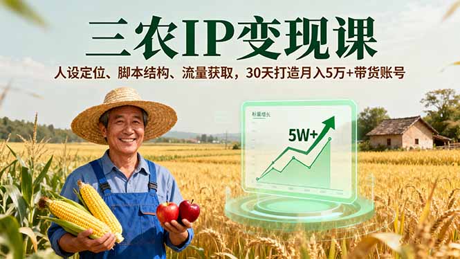 三农IP变现课，人设定位、脚本结构、流量获取，30天打造月入5万+带货账号-轻创网