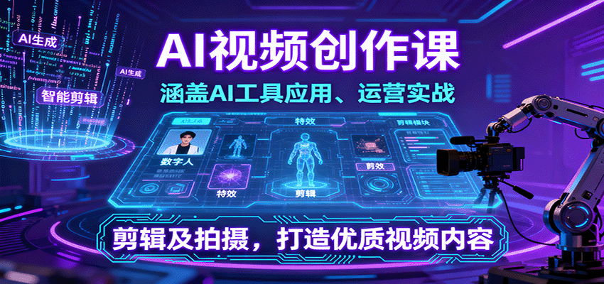 AI视频创作课，涵盖AI工具应用、运营实战、剪辑及拍摄，打造优质视频内容-轻创网