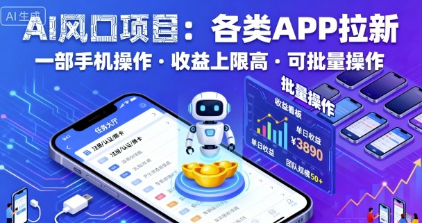 AI风口项目，各类APP拉新，一部手机就可以操作，收益上限高，可批量操作-轻创网
