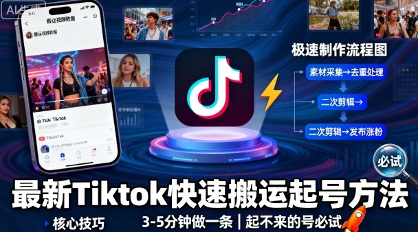 最新Tiktok快速搬运快速起号方法，3-5分钟做一条，起不来的号可以试试-轻创网