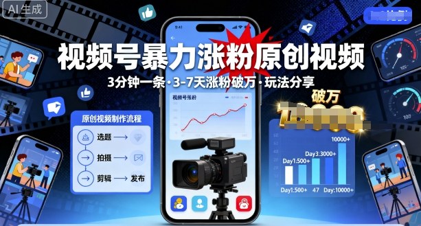 视频号暴力涨粉原创视频，3分钟一条原创视频，3-7天涨粉破万，玩法分享给你-轻创网