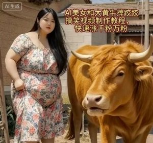 AI美女和大黄牛摔跤搞笑荒诞视频制作教程，快速涨千粉万粉-轻创网