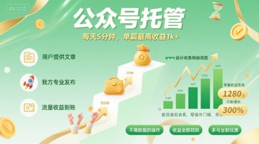 【公众号托管 】我提供文章，你发布，每天5分钟，单篇最高收益1k+【揭秘】-轻创网