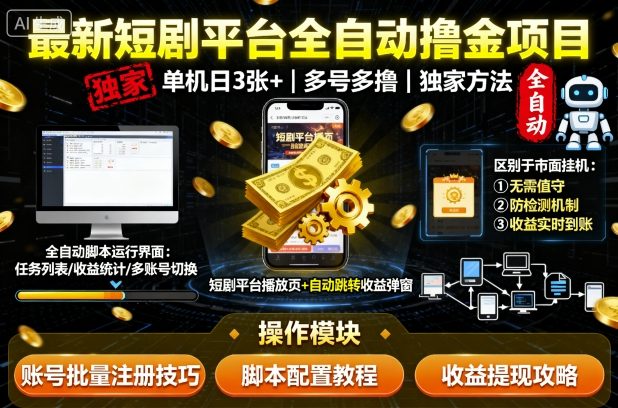 最新短剧平台全自动挂G撸金项目，单机一天3张+，多号多撸，区别于市面所有挂机项目，独家方法【揭秘】-轻创网