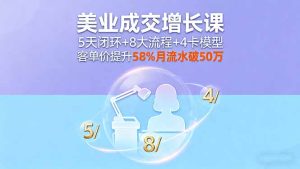 美业成交增长课，5天闭环+8大流程+4卡模型，客单价提升58%月流水破50万-轻创网