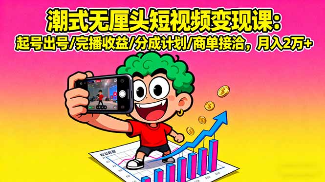 潮式无厘头短视频变现课：起号出号/完播收益/分成计划/商单接洽，月入2万+-轻创网