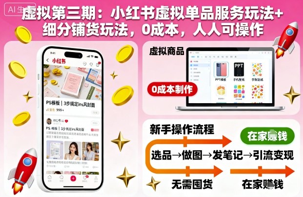 虚拟第三期:小红书虚拟单品服务玩法+细分铺货玩法,0成本,人人可操作-轻创网