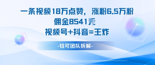 一条视频18W点赞，涨粉6.5W粉佣金8541米，视频号+抖音=王炸-轻创网