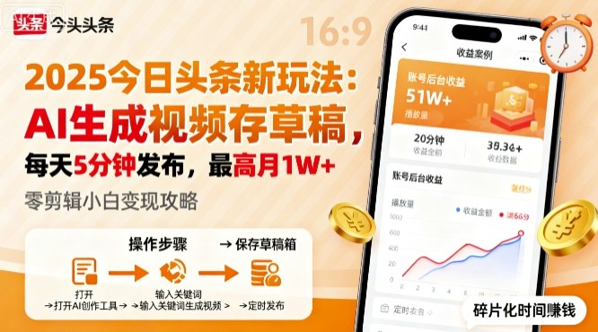 2025年今日头条躺賺新玩法，AI生成视频存草稿，每天5分钟发布，最高月1W+【揭秘】-轻创网