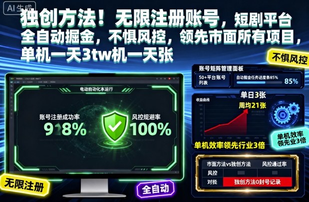 独创方法!无限注册账号,短剧平台全自动掘金,不惧风控,领先市面所有项目,单机一天3张【揭秘】-轻创网