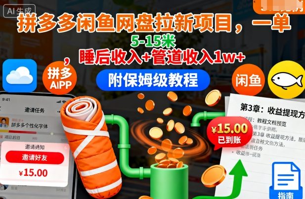 拼多多闲鱼网盘拉新项目，一单5-15米，睡后收入+管道收入1w+(附保姆级教程)-轻创网