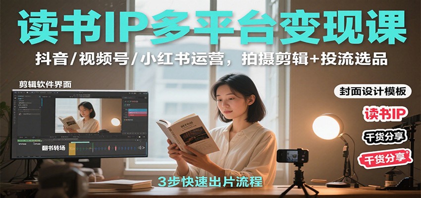 读书IP多平台变现课：抖音/视频号/小红书运营，拍摄剪辑+投流选品-轻创网
