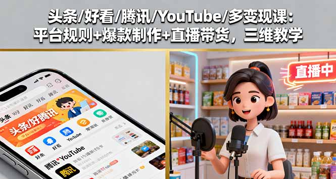 头条/好看/腾讯/YouTube/多变现课：平台规则+爆款制作+直播带货，三维教学-轻创网