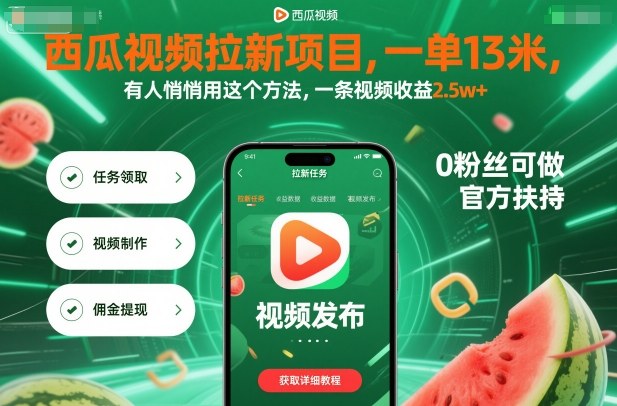 西瓜视频拉新项目，一单13米，有人悄悄用这个方法，一条视频收益2.5w+(附详细教程)-轻创网