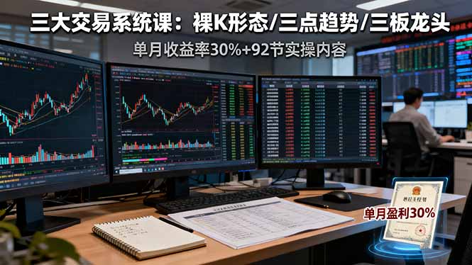 三大交易系统课：裸K形态/三点趋势/三板体系，单月收益率30%+92节实操内容-轻创网