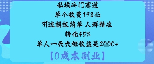 私域冷门赛道:单个收费198米引流模板简单人群精准转化45%单人一天大概收益是1k+-轻创网