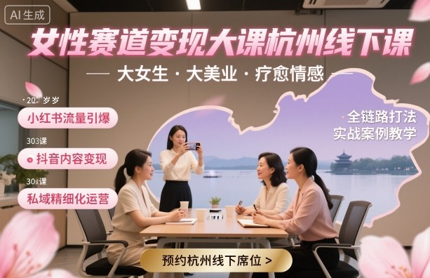 女性赛道变现大课杭州线下，大女生，大美业，疗愈情感，一套小红书、抖音、私域全链路打法-轻创网