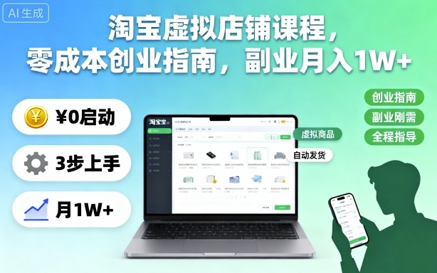 淘宝虚拟店铺课程,零成本创业指南,副业月入1W+-轻创网